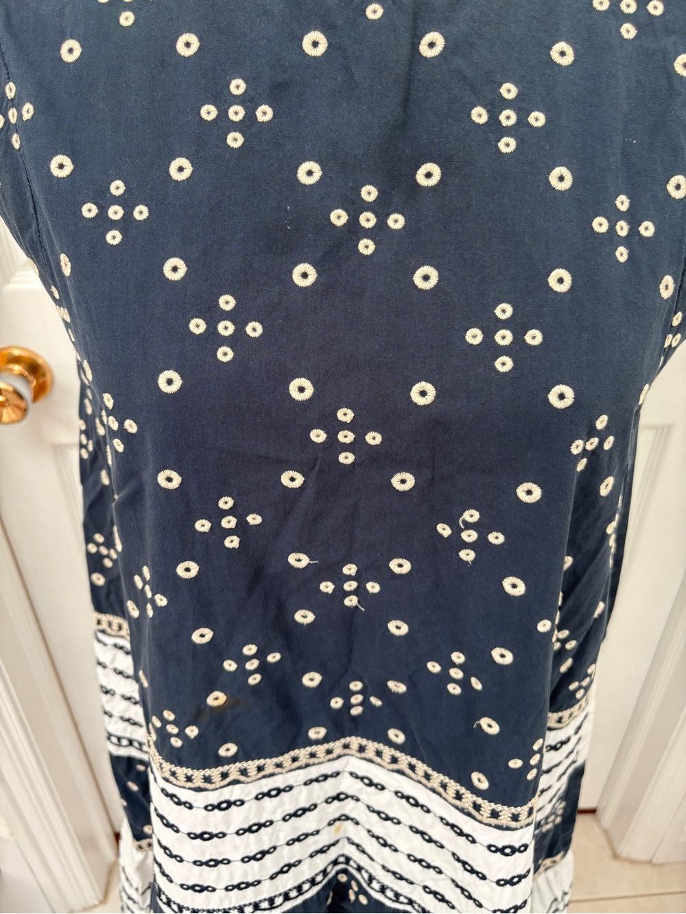 Navy and White Tiered Eyelet Sleeveless Swing Dress - Picture 3 of 9